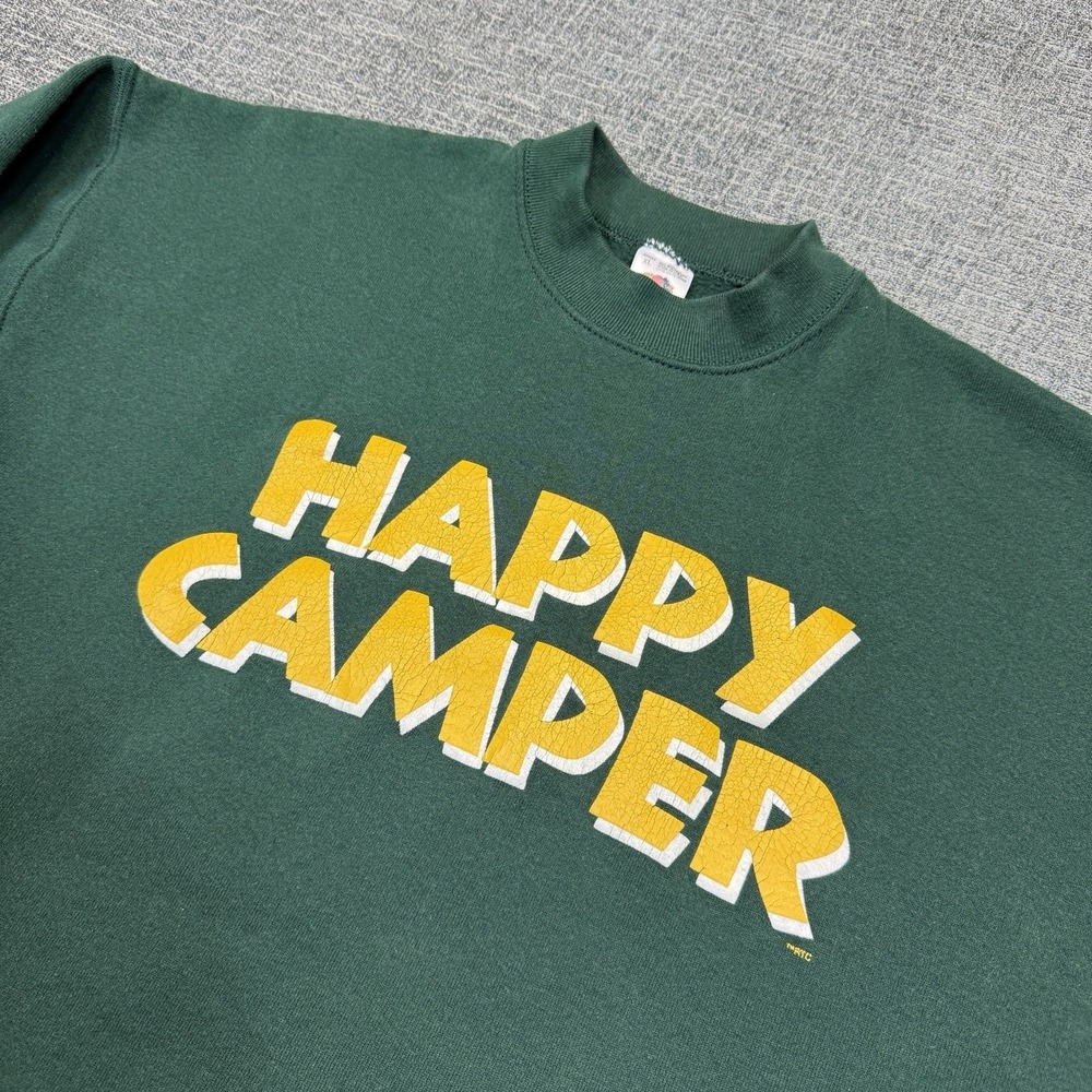 Vtg Fruit of the Loom Happy Camper Sweatshirt Mens XL / L Green‎ Crewneck 90's